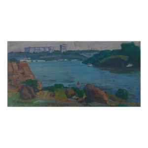 1970s River Painting Landscape Antique Oil Painting Original Soviet Art Ukrainian Artist 40-82