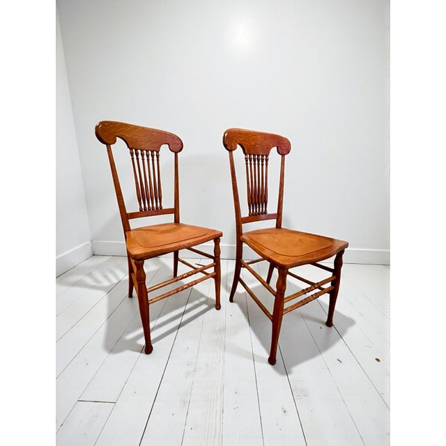 Wood Antique Oak Spindle Chairs-Tooled Leather Seats-1900s Restored-Farmhouse-Rustic For Sale - Image 7 of 11