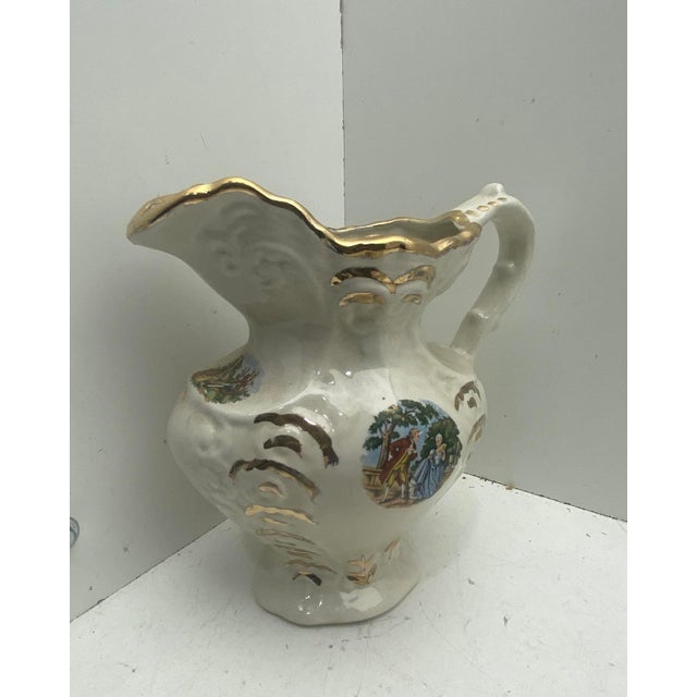 Vintage Victorian Style Ceramic Pitcher & Wash Basin Set – Courting Couple Motif, Gold Gilt For Sale - Image 9 of 11