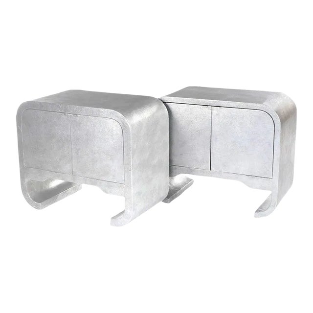 Custom Built Silver Lacquered Waterfall Raffia Wrapped Two-Door Cabinets - a Pair For Sale