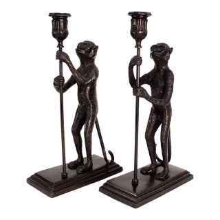 Maitland Smith Bronze Monkey Candle Holders - a Pair For Sale