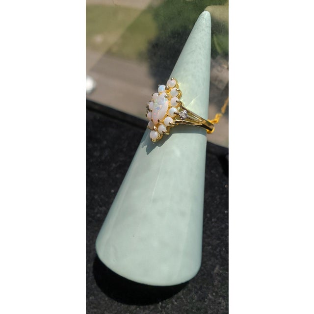 Stunning Cluster Opal Ring 10k Yellow Gold, Size 4 For Sale - Image 4 of 5
