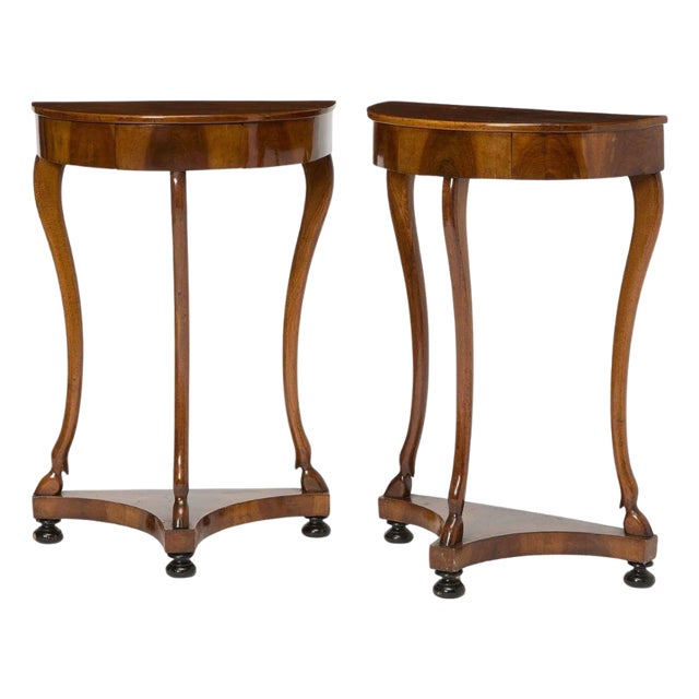 Pair of Italian Walnut Petite Demilune Consoles With Drawer For Sale