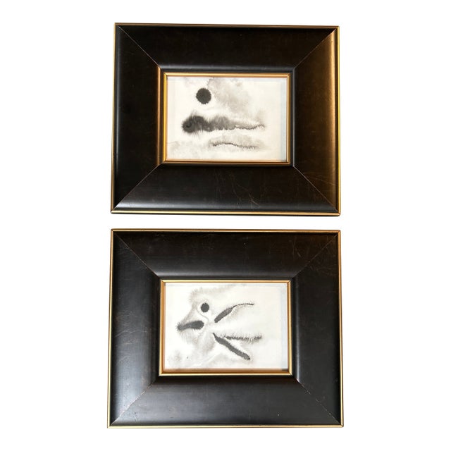 Two Contemporary Abstract Black Ink Watercolor Paintings- Set of Two For Sale