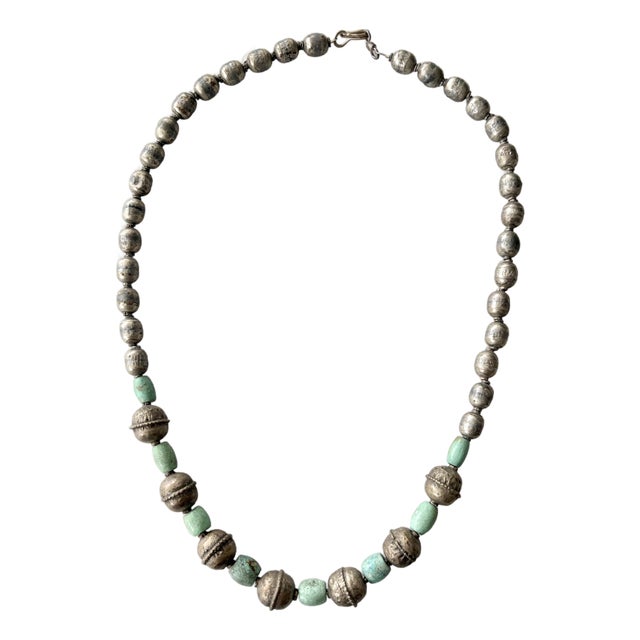 Vintage Turquoise and Mixed Nickel Silver Metal Beaded Necklace. For Sale