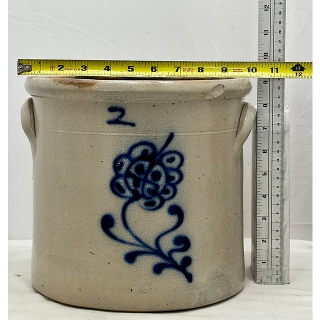 Antique American 2 Gallon Stoneware Storage Crock With Beautiful Hand Decorated Blue Flower Design Circa Mid 1800s For Sale - Image 18 of 18