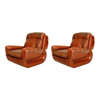 1960s Vintage Guiseppe Munari for Poltrona Italian Tobacco Leather Lounge Chairs - a Pair For Sale