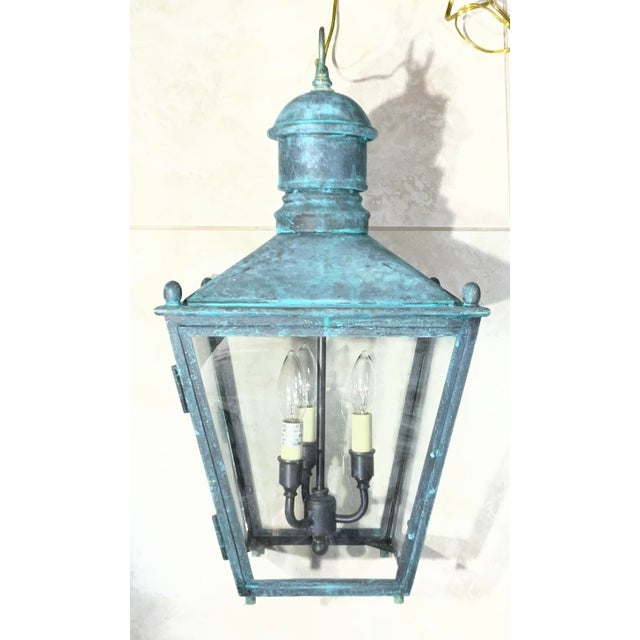 1970s Vintage Solid Copper and Brass Hanging Lantern / 12”x 12”x 23” High For Sale - Image 5 of 17