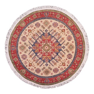 Rustic Kazak Ivory/Red Wool Round Rug- 6'5''x6'6'' For Sale