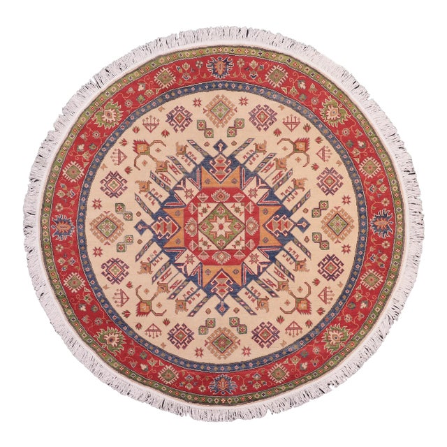 Rustic Kazak Ivory/Red Wool Round Rug- 6'5''x6'6'' For Sale