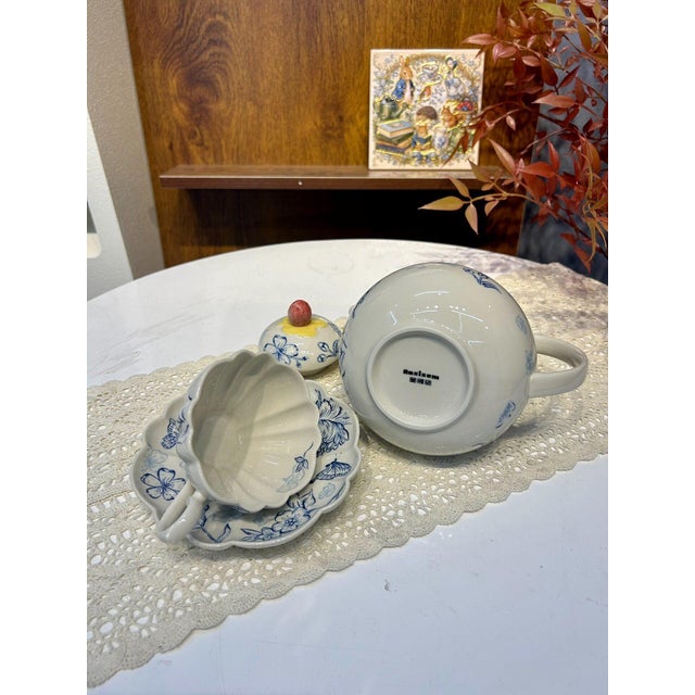 Vintage Blue-and-White Ceramic Tea Set With Bird Motif - 3 pcs For Sale In Los Angeles - Image 6 of 6
