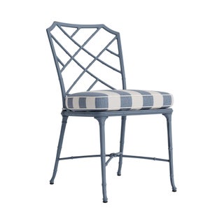 Brown Jordan Calcutta Side Chair in Sapphire with Sapphire Stripe and Sea Salt Welt Cushions For Sale