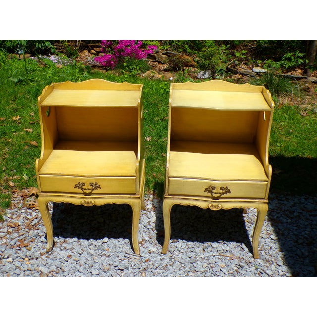 Vintage Pair French Provincial Nightstands Shabby Chic Two Tier End Tables For Sale - Image 4 of 12
