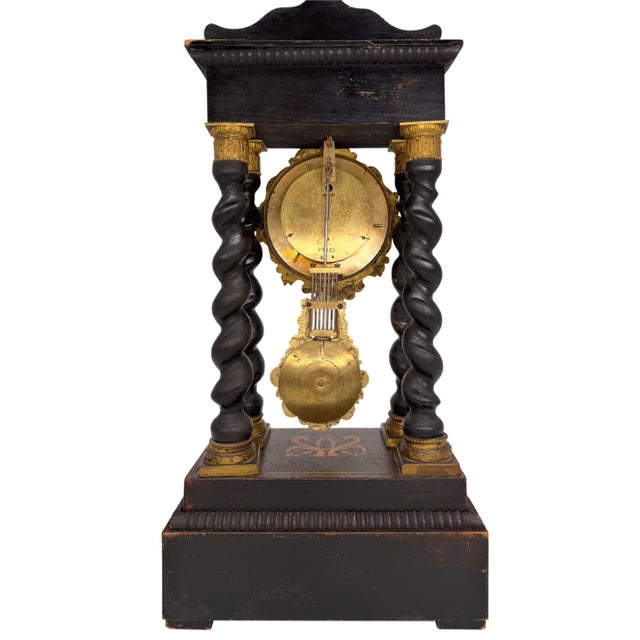 Late 19th Century Portico Barley-Twist Marquetry Mantel Clock, French, Ca. 1880 For Sale - Image 4 of 11