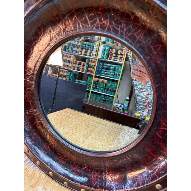 Late 20th Century Round Distressed Leather-Like Covered Mirror Brass Nailheads For Sale - Image 9 of 11
