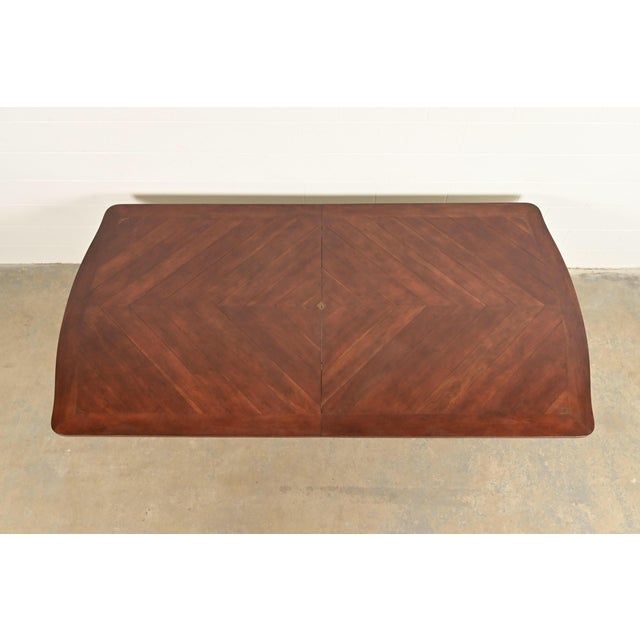 Wood Italian Provincial Carved Cherry Wood and Inlaid Brass Double Pedestal Extension Dining Table by Emanuel Morez For Sale - Image 7 of 13