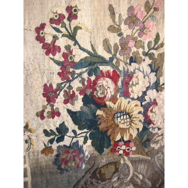 French Aubusson Verdure View of a Trellis Decor, Flowers and Putti Statue 1700 Hundreds For Sale - Image 13 of 17