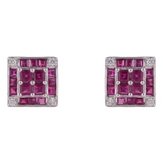 Art Deco Natural Ruby & Diamond Square Stud Earrings in Sterling Silver, A Pair For Sale