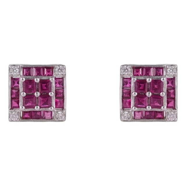 Art Deco Natural Ruby & Diamond Square Stud Earrings in Sterling Silver, A Pair For Sale
