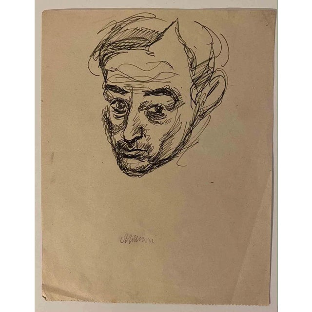 Portrait is an Original Drawing in pen on creamy-colored paper realized by Mino Maccari in the mid-20th century. Hand-...