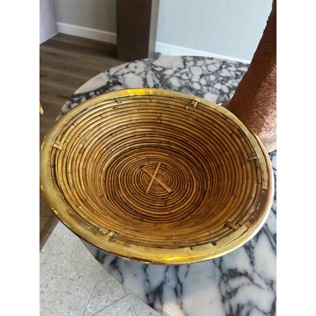 Italian Pencil Reed Rattan Bowl With Brass Trim, 14.75 In For Sale - Image 4 of 5