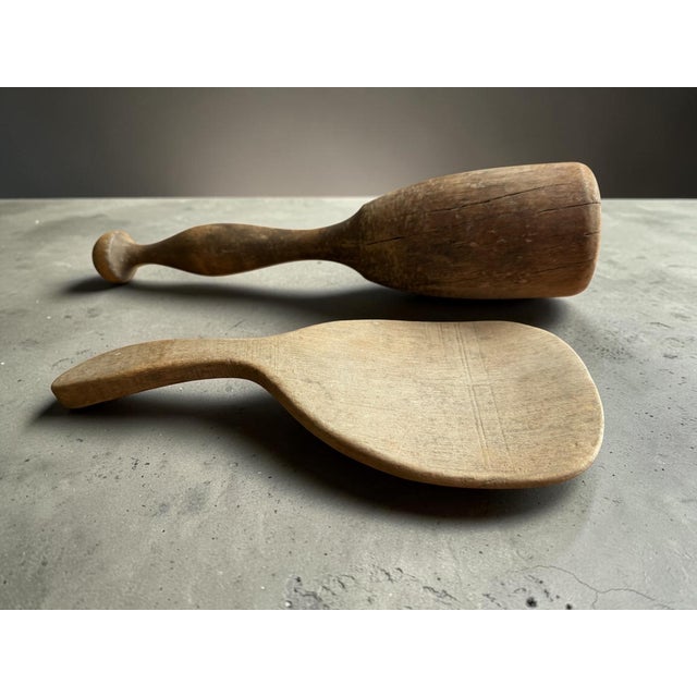 Pair of Early 20th Century Primitive Wooden Kitchen Utensils Paddle Pestle For Sale - Image 13 of 13