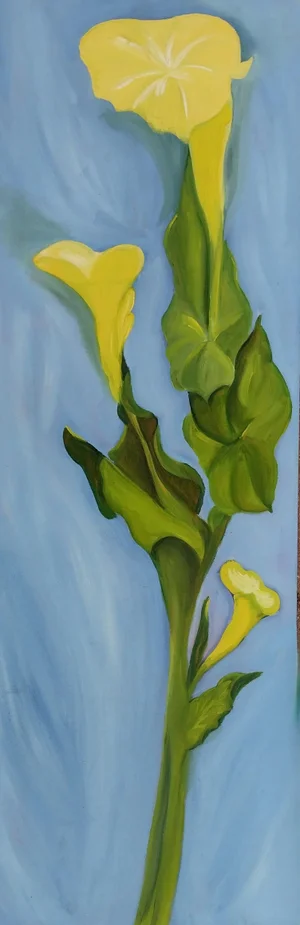 "Yellow Callas Green Leaves" (After Georgia O'Keeffe) Original Oil Painting by Anita Blythe