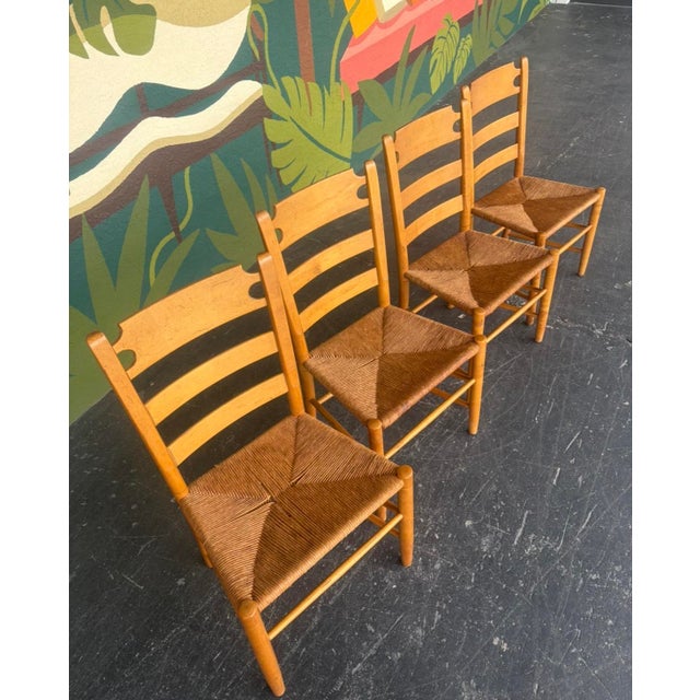 Farmhouse Vintage Beechwood and Rush Ladderback Dining Chairs - 4 For Sale - Image 3 of 12