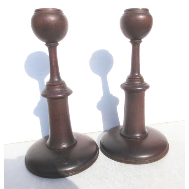 Arts & Crafts English Arts and Crafts Oak Candlesticks- A Pair of 2 For Sale - Image 3 of 10