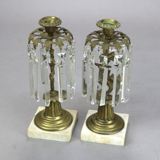 Victorian Pair of Bronze and Crystal Candle Holders With Marble Base C1890 For Sale - Image 3 of 6