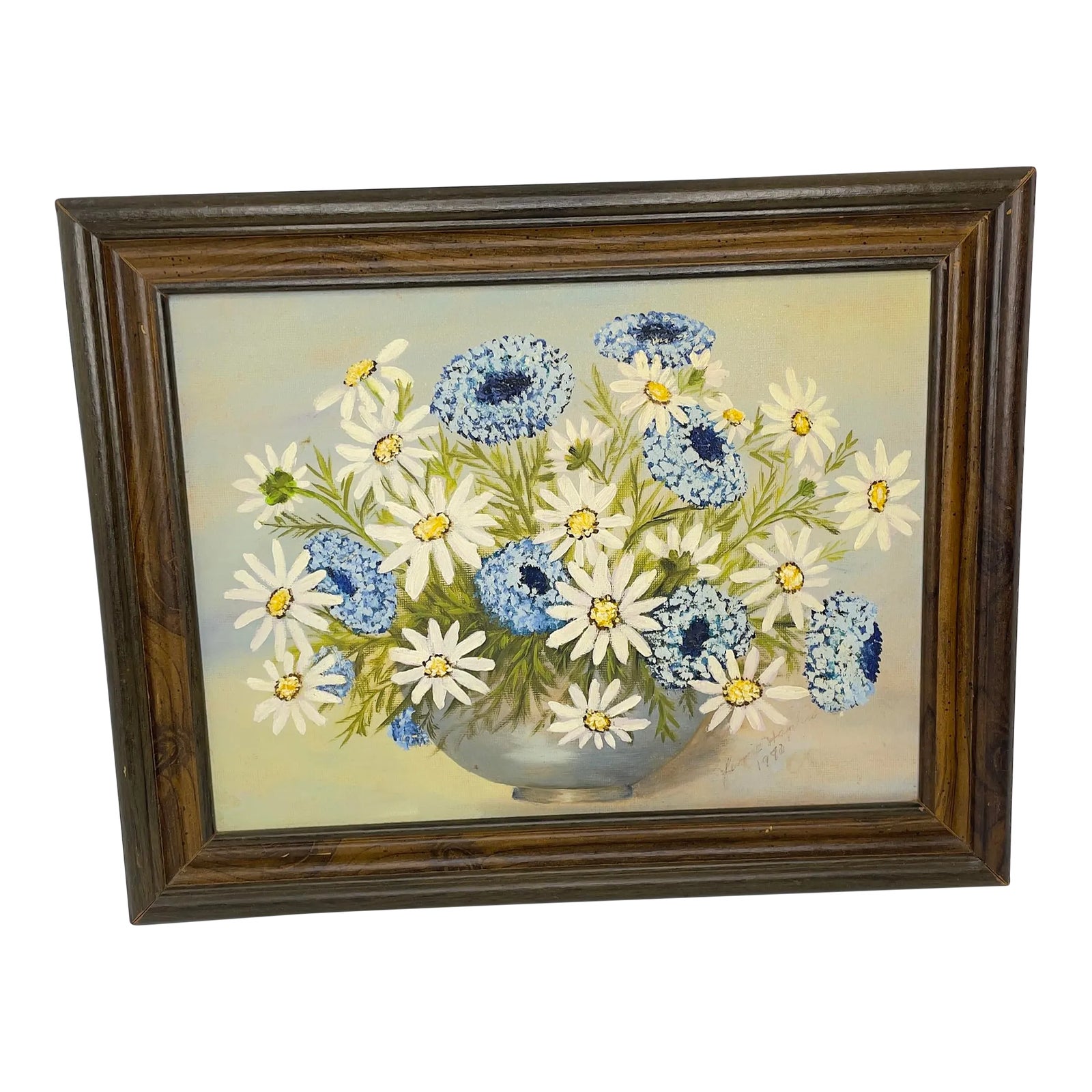1980s Framed Blue and White Floral Still Life Oil Painting | Chairish