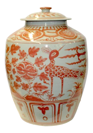 Pink Orange Off White Flowers Birds Graphic Round Ceramic Jar