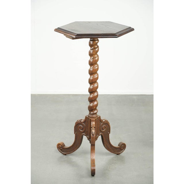 Tall Antique Oak Side Table with Wood Carving For Sale - Image 3 of 10
