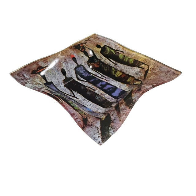 7" African Tribal Motif Fused Glass Decorative Square Dish For Sale - Image 4 of 7