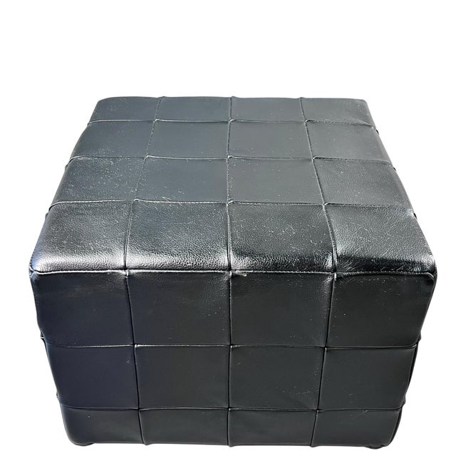 Mid-Century Modern Danish Patchwork Black Leather Ottoman For Sale - Image 3 of 7