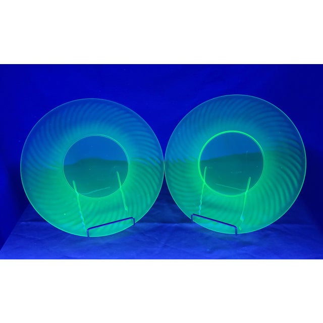 Early 20th Century Uranium Glass Transparent Green Salad Plates Set of 2 For Sale - Image 4 of 12