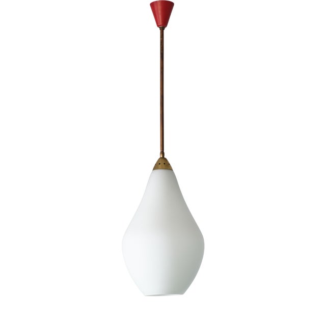 Italian Brass Pendant Lamp with Opaline Glass Shade and Red Canopy, 1950s For Sale