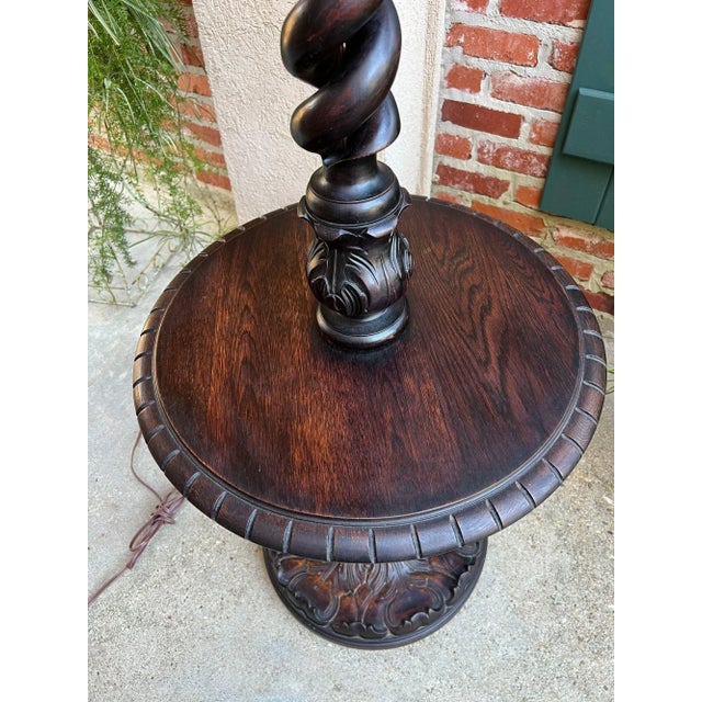 Antique English Carved Oak Floor Lamp Open Barley Twist W Round End Table C1920 For Sale - Image 18 of 18