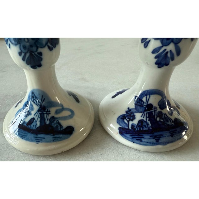 Blue Pair of Vintage Porcelain Hand Painted Blue and White Delft Candle Holders For Sale - Image 8 of 10