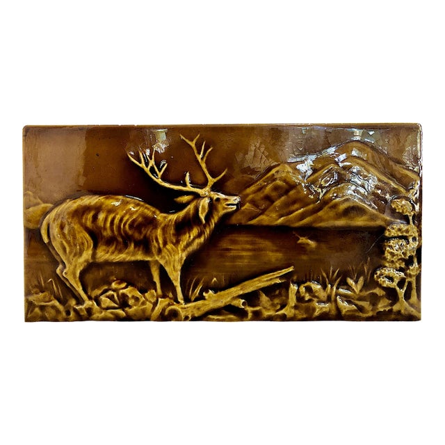 Arts & Crafts Nature Scene on a Foot-Long Raised Relief Glazed Tile For Sale