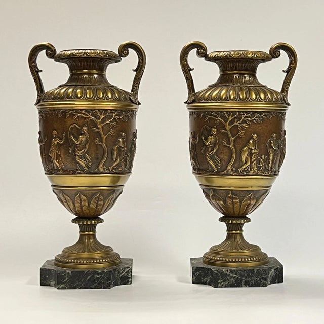 Traditional Antique Roman Neoclassical Patinated Bronze Vases - A Pair For Sale - Image 3 of 12