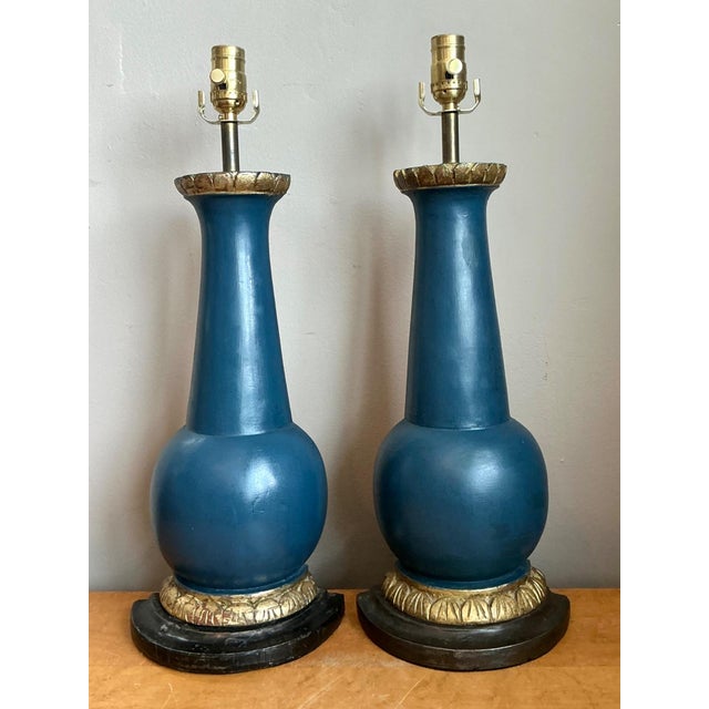 Late 20th Century Vintage Blue Gilt Accented Table Wood Half Lamps - Pair For Sale - Image 5 of 11