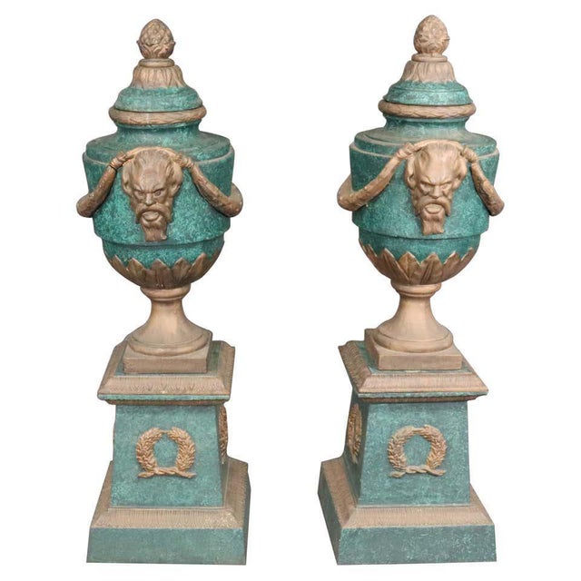 Pair of Verdigris and Metal Garden Urns For Sale - Image 4 of 4