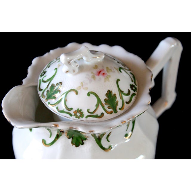 Antique Hand-Painted Porcelain Chocolate Pot With Roses & Green Scrollwork For Sale - Image 11 of 15