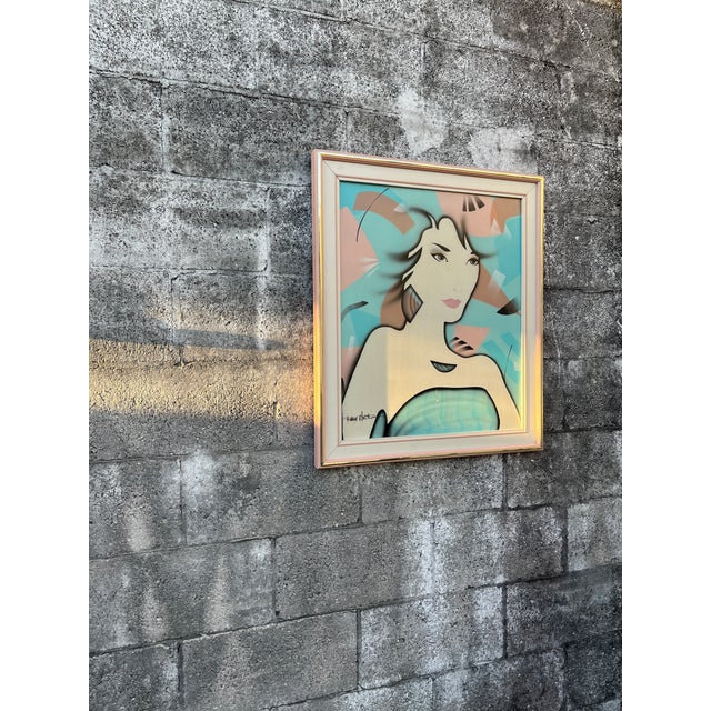 Teal Post Modern Oil Painting in the Patrick Nagel Style, Framed and Signed by the Artist. Circa 1980s. For Sale - Image 8 of 15