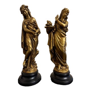 Vintage Pair Gold Signed Norwal Chalkware Grecian Lady Sculptures For Sale