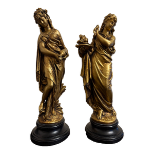 Vintage Pair Gold Signed Norwal Chalkware Grecian Lady Sculptures