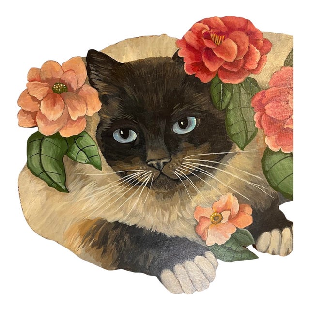 Vintage Original Painting Siamese Cat With Flowers For Sale - Image 4 of 6