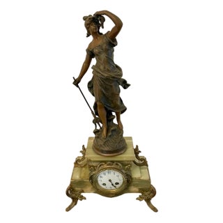 Antique French Onyx and Spelter Clock Depicting Amphitrite in the style of Auguste Moreau, 1900 For Sale
