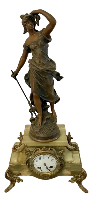 Antique French Onyx and Spelter Clock Depicting Amphitrite in the style of Auguste Moreau, 1900